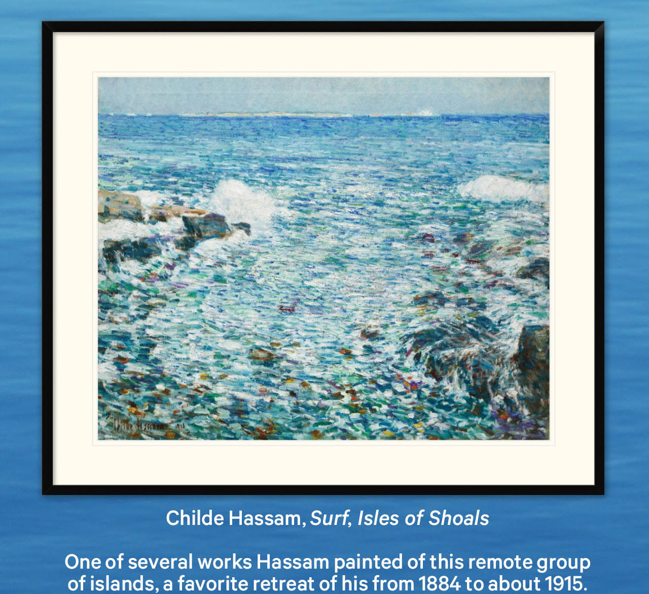 Childe Hassam, Surf Isles of Shoals | Uma das várias obras que Hassam pintou deste grupo remoto de ilhas, um retiro favorito dele de 1884 a cerca de 1915.