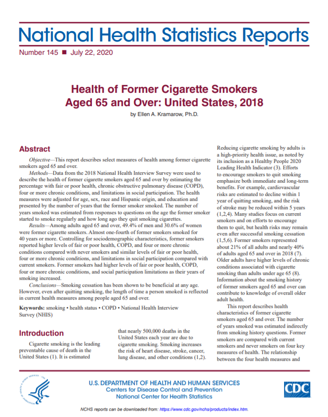 This is the thumbnail for the National Health Statistics Report on Health of Former Cigarette Smokers Aged 65 and Over: United States, 2018