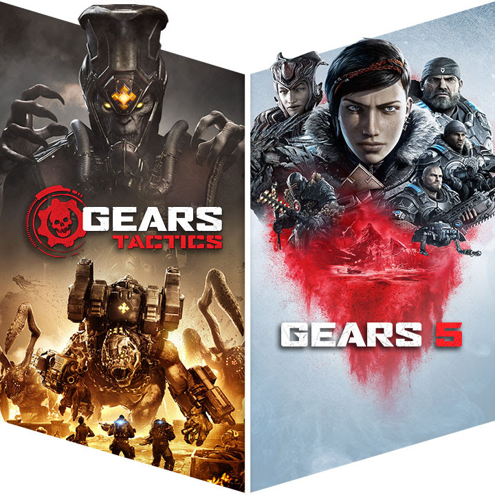 A vertically split image of key art from Gears Tactics and Gears 5