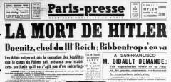 La mort d'Hitler, à la une du quotidien "Paris-presse", le jeudi 3 mai 1945