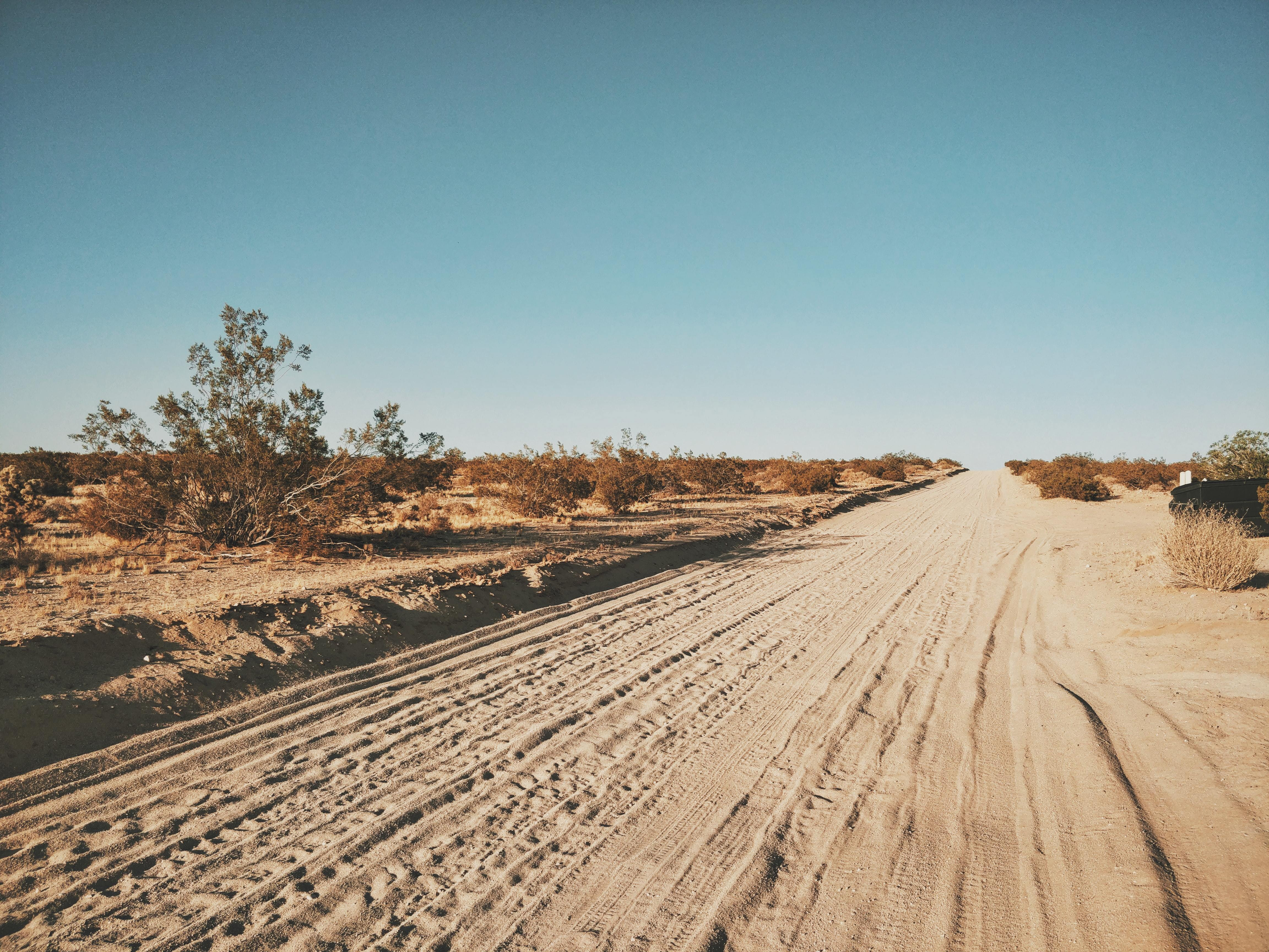 A dusty sand road and blue sky.