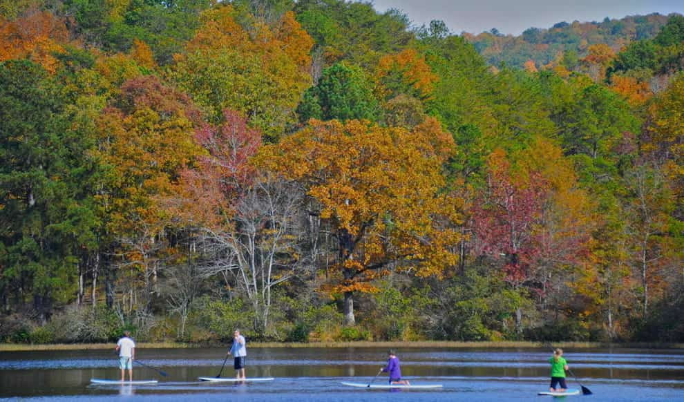 A group of paddleboarders pass in front of bright fall foliage at Oak Mountain State Park in Birmingham, Alabama