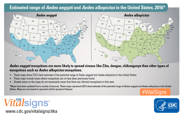 Estimated ranges of Aedes aegypti and Aedes albopictus in the United States, 2016*. CDC Vital Signs. www.cdc.gov/vitalsigns/zika.