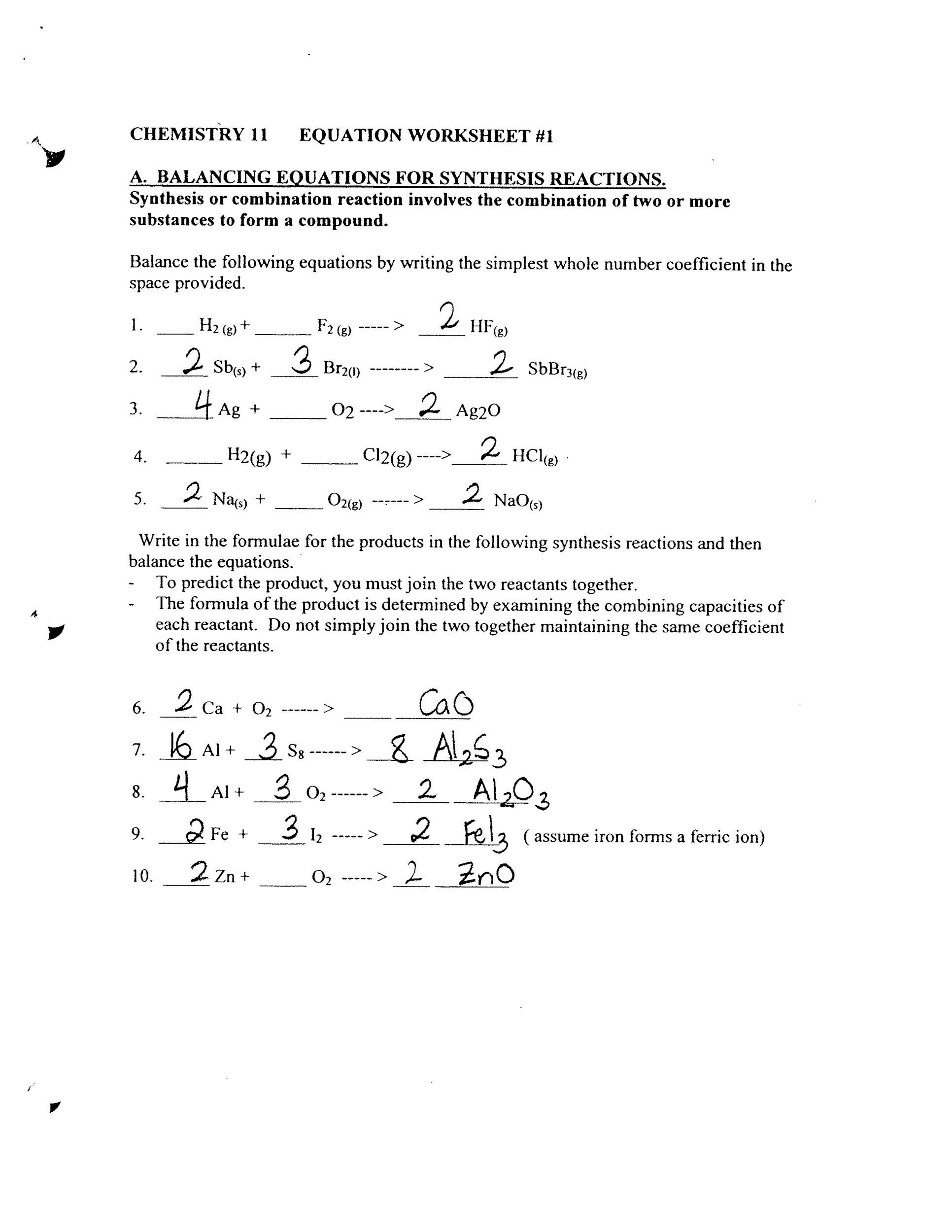 Bestseller: Worksheet 6 2 Chemical Reaction Types Answer Key