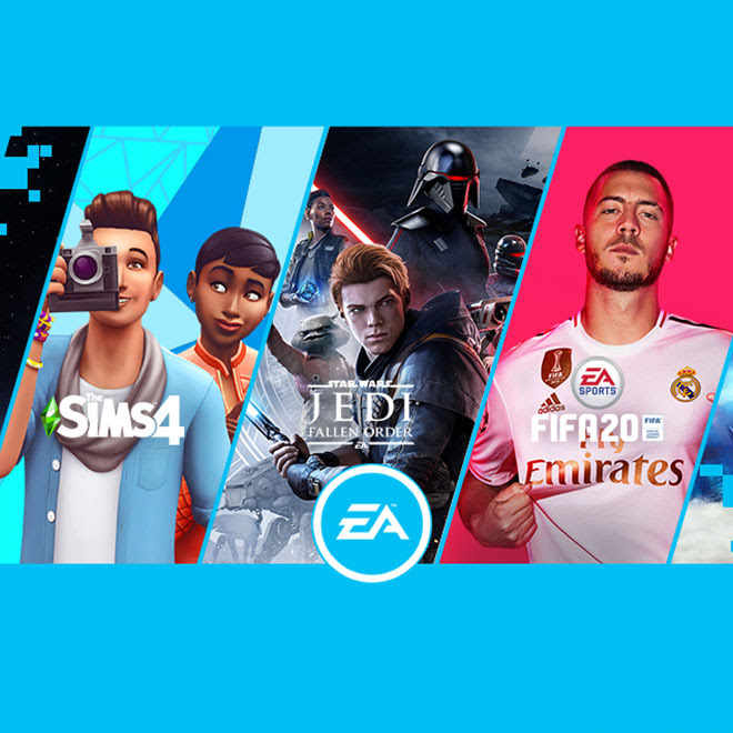 Key art from The Sims 4, Star Wars Jedi: Fallen Order, and FIFA 20 with the EA logo.