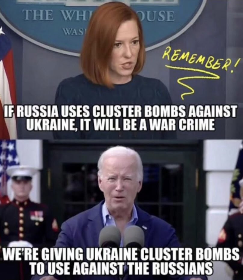 Jen Psaki says cluster bombs are "war crimes." The Biden saying the USA is givng them to Ulkraine.