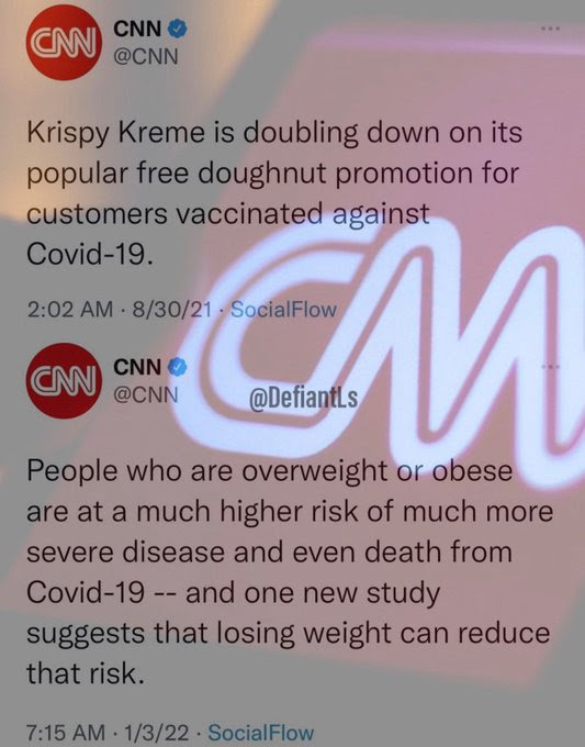 Hypocrite Krispy Creme for offering free donuts for those who got a Cocid shot. People who are overweight from eating donuts are more like to catch Covid.