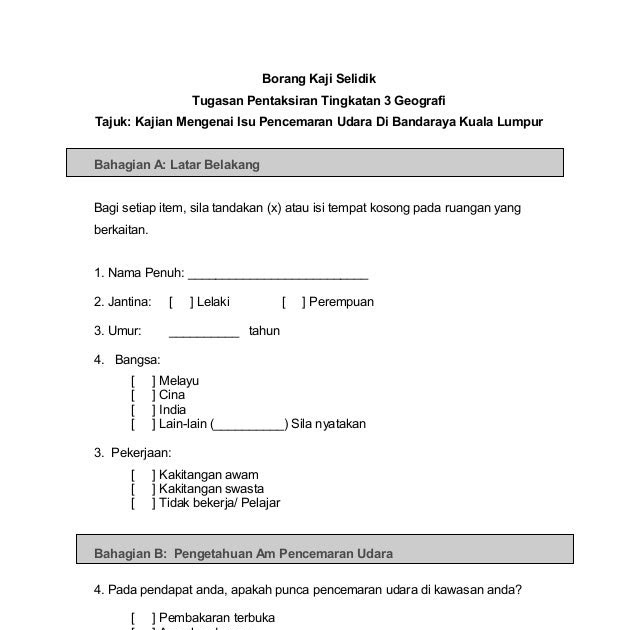 Contoh Borang Soal Selidik Pencemaran Bau - Job Seeker