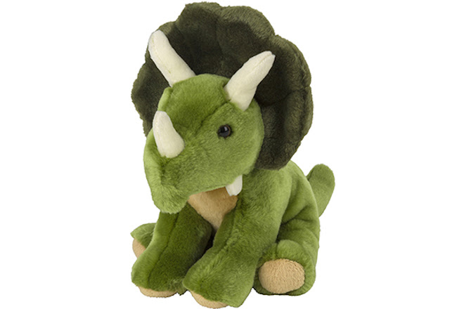 A green triceratops soft toy