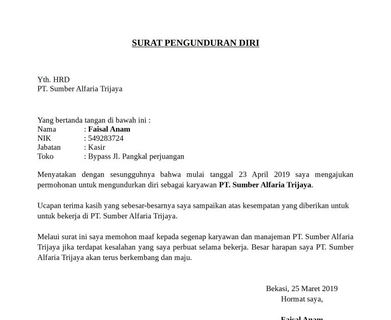 Contoh Surat Pengunduran Diri Untuk Alfamart Contoh Surat