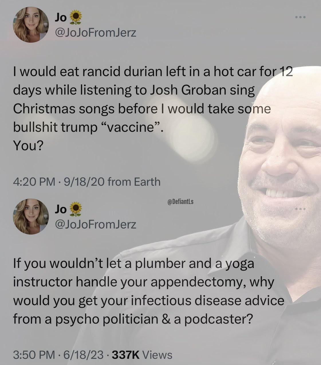 Hypocrite JoJo from Jerz. In 2020 says she won;t take "Trump" vaccine. Then promotes it whe Trump is gone. 