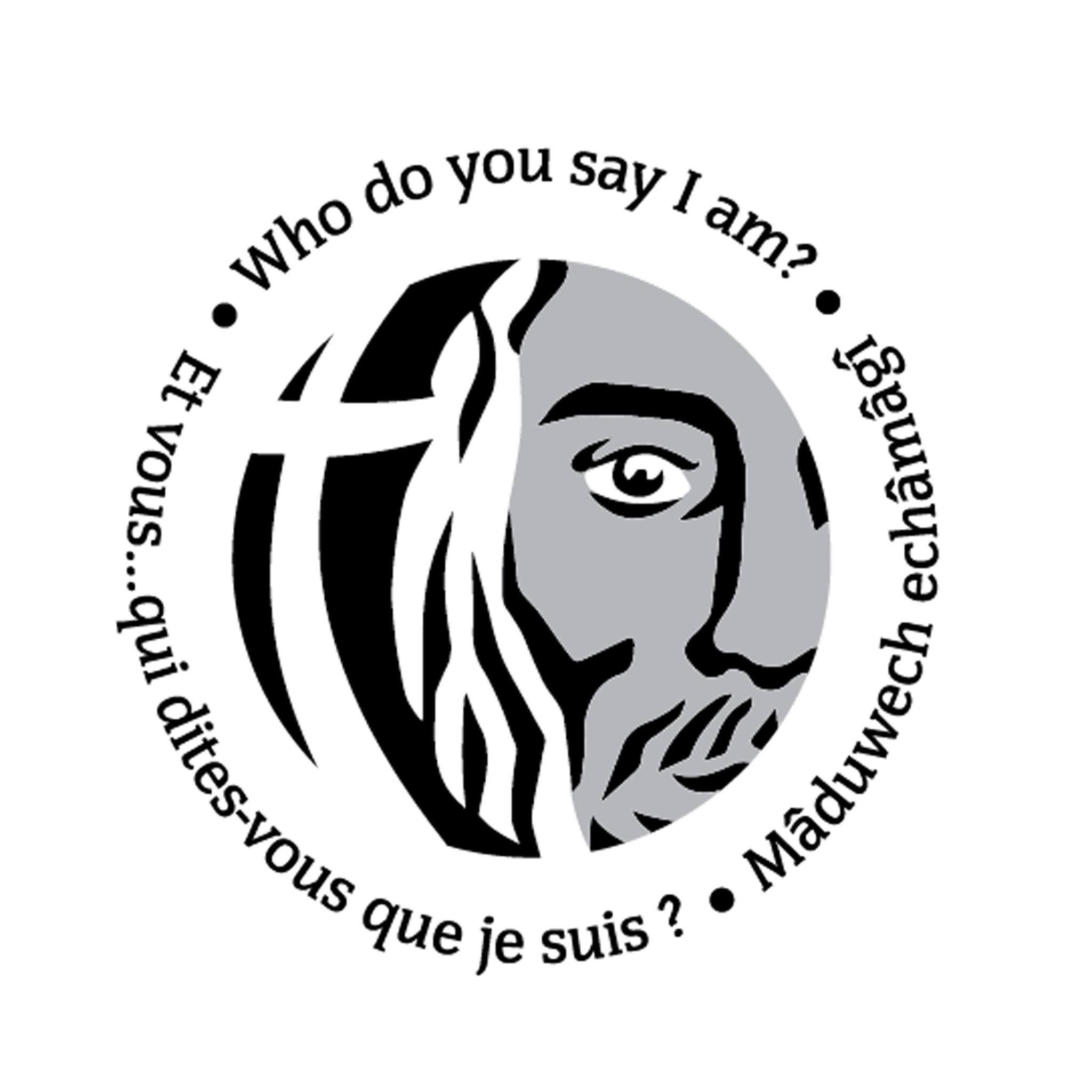 Black and white logo for GC44, featuring Jesus face and a cross in a circle, with the words "who do you say I am" in English, French, and Mohawk around the edge.