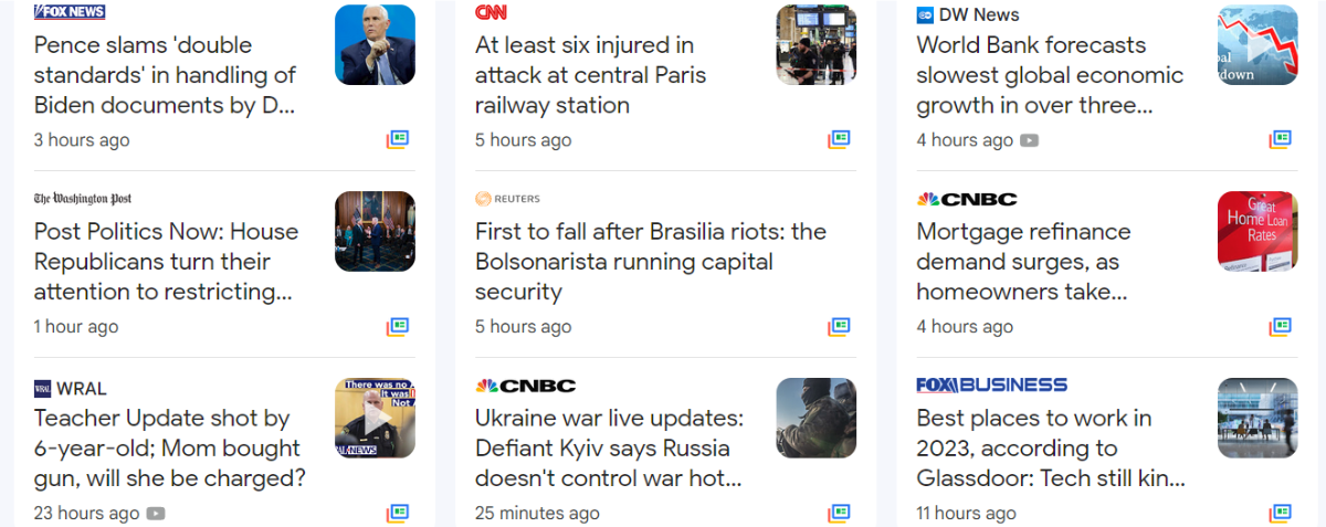 A screenshot of Google news listing 9 various stories from the mainstream media.