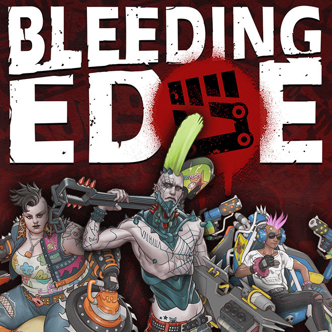 Three members of the game's colorful cast stand together in front of the Bleeding Edge logo.