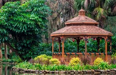 A gazebo at Washington Oaks Gardens State Park decorated with tinsel and ornaments. 