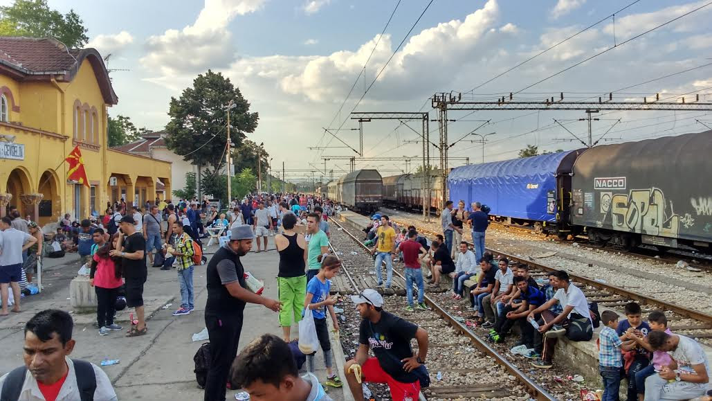 Train station in Gevgelija, Macedonia Refugees and illegal migrants wait transportation