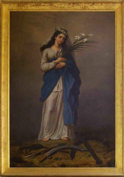 Painting of Saint Philomena commissioned by Saint John Vianney and is housed in the Shrine of Ars, France.  Vianney reported that this is the exact likeness of Saint Philomena, who said that she appeared to him.