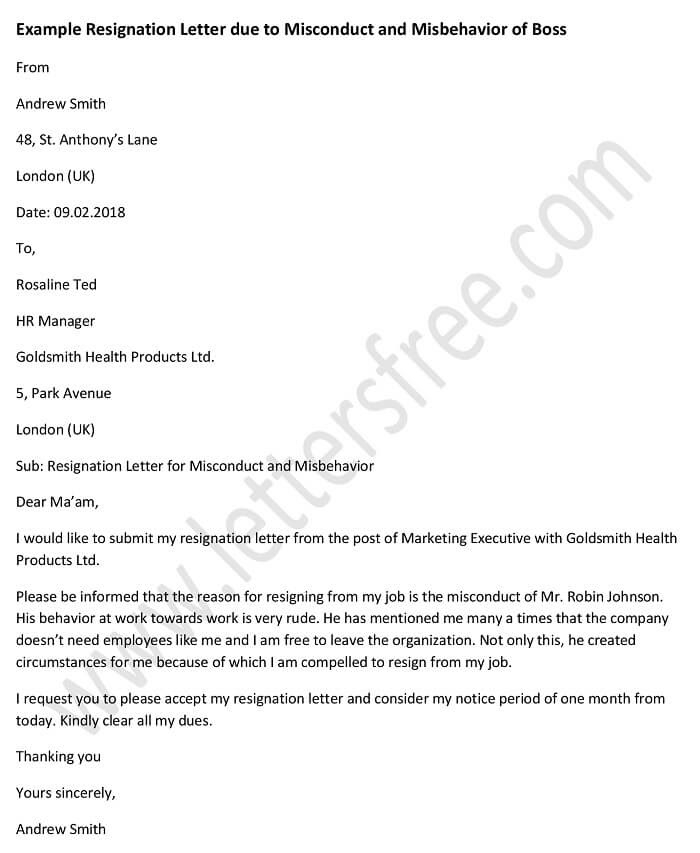 Resignation Letter Due To Bad Behaviour Boss Sample