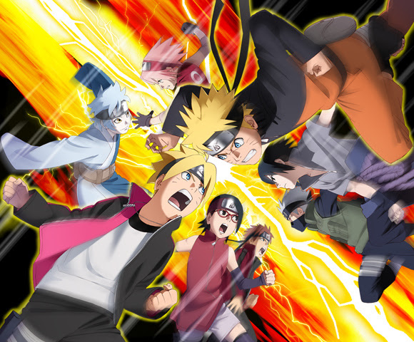 High-flying characters from Naruto to Boruto: Shinobi Striker in a ninja tournament, with a fire streak in the background.