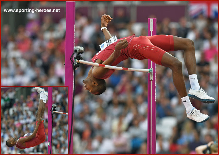Who is the first american man to compete in both the high jump and the long jump at the same olympics since 2012. Mutaz Essa Barshim 2017 High Jump World Championship Gold Medal Qatar