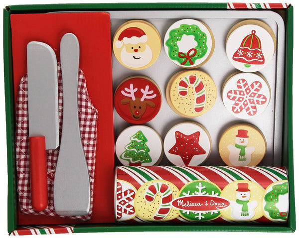 The melissa & doug, slice and bake wooden cookie play foot set includes 12 sliceable cookies, 12 toppings, knife, spatula, cookie sheet, and kitchen mitt; Melissa Doug Slice Bake Christmas Cookie Toy Set Toywalls