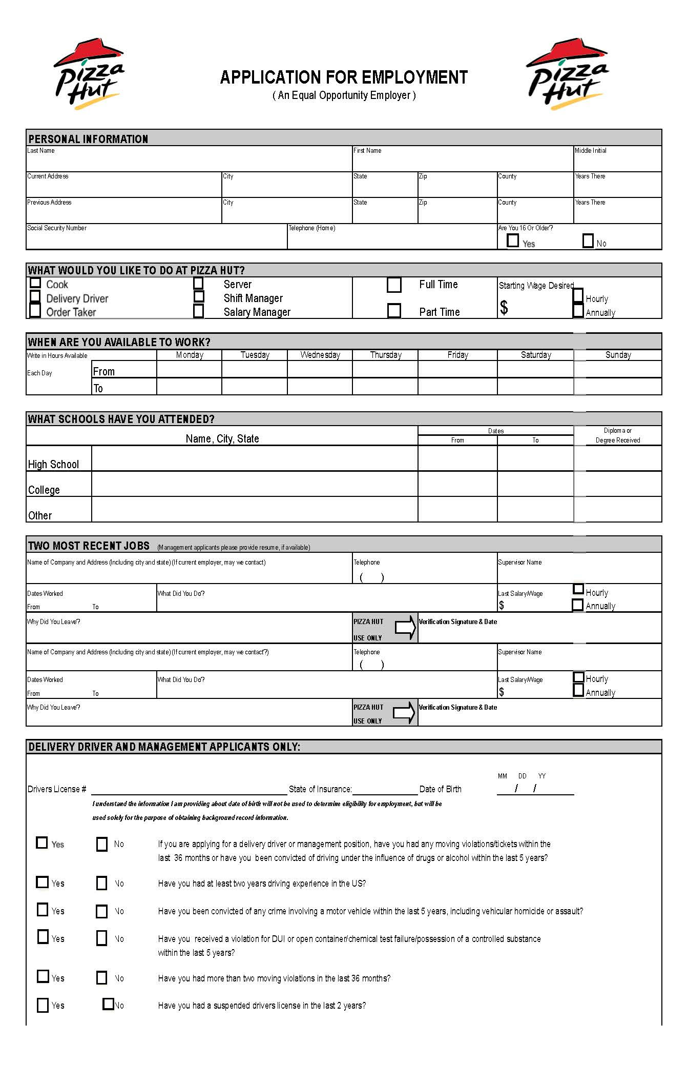 Job Applications Printable Pizza Hut | Job Application