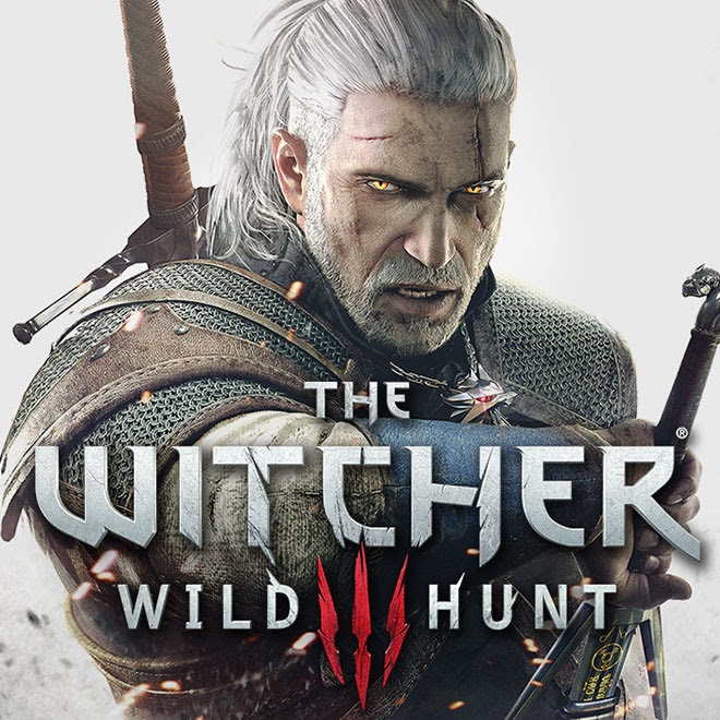 Key art from The Witcher 3: Wild Hunt featuring Geralt of Rivia drawing his sword.