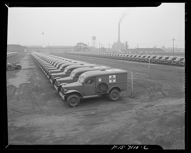 Chrysler Corporation. Dodge truck plant. Detroit, Michigan (vicinity). Some of the thousands of Dodge Army ambulances lined up for delivery to the Army