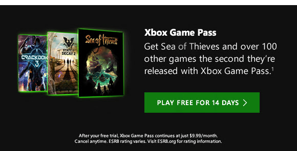 Xbox Game Pass. Get Sea of Thieves and over 100 other games the second they're released with Xbox Game Pass. Play Free for 14 days.