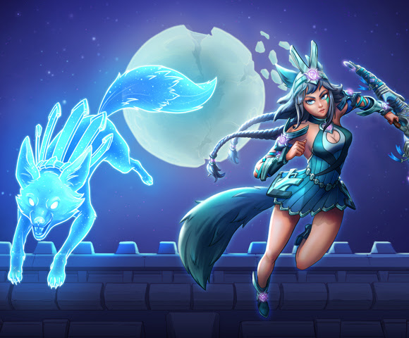 IO and Luna the fox leaping from a castle, with a full moon shining brightly in the background.