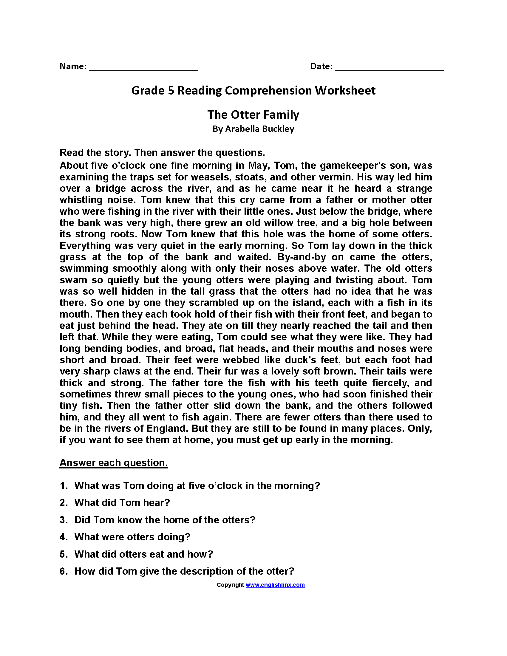 comprehension test for grade 5 printable worksheet