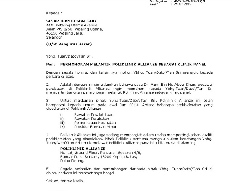 Surat Rasmi Permohonan Klinik Panel - Surasmi S