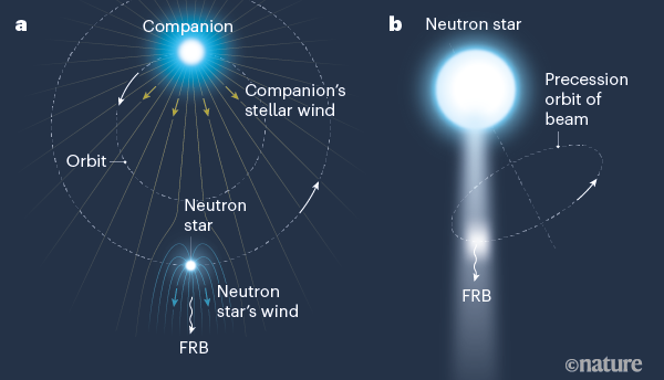 Graphic showing two possible scenarios to explain the observed periodicity of a fast radio burst