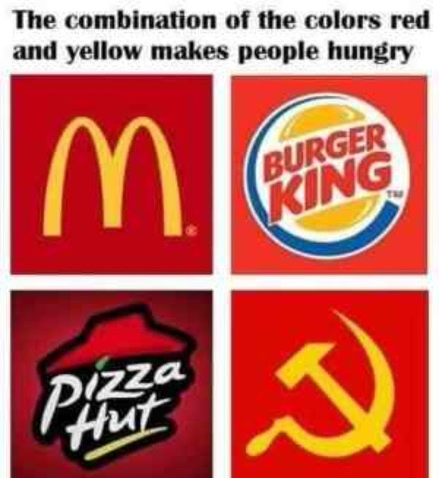 Meme gag showing various red and yellow logos, one being for MacDonalds another being a symbol of communism.