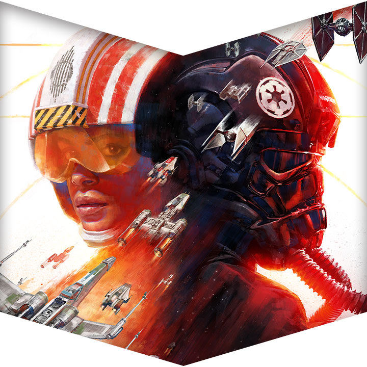 Rebel and Imperial pilots from Star Wars are juxtaposed back-to-back as small starfighters from the two opposing factions battle in the foreground.