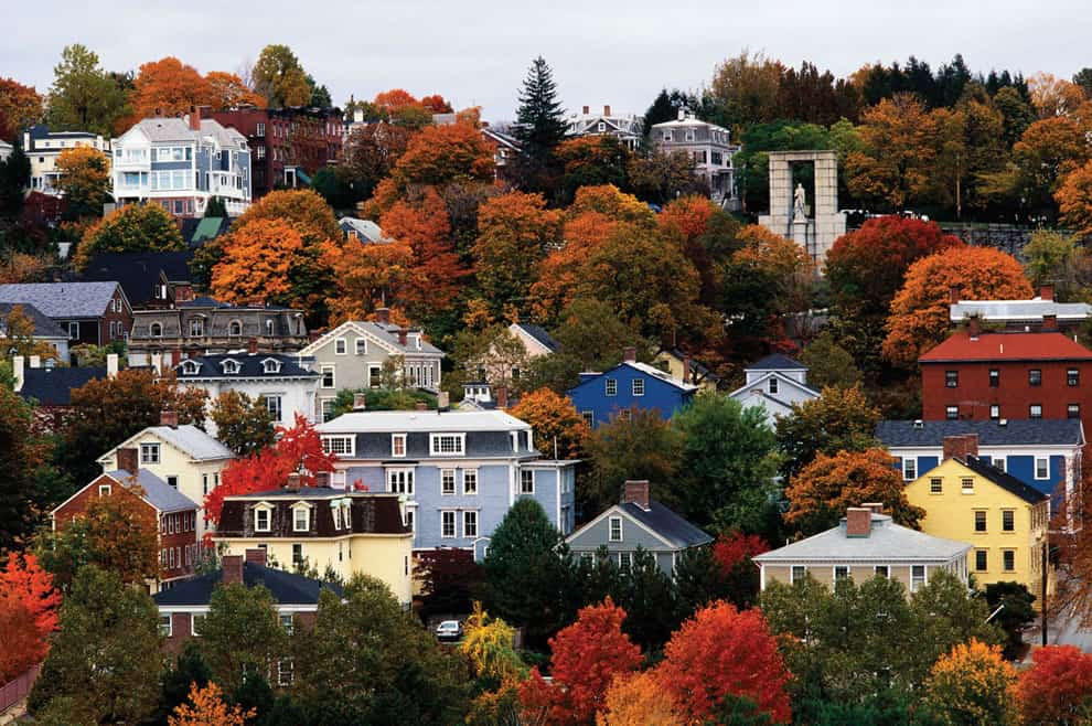 Autumn in Rhode Island, fall foliage and houses on a hillside in Providence