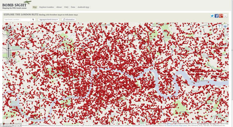 Viewers can zoom in to see the areas worst hit, with each red dot representing a bomb