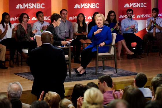 Democratic presidential candidate Hillary Clinton speak during a town hall with MSNBC's Rachel Maddow, Monday, April 25, 2016, at the National Constitution Center in Philadelphia. (AP Photo/Matt Rourke)