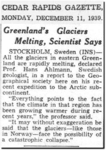 Newspaper article clipping from 1939 saying Greenlands glaciers are melting.