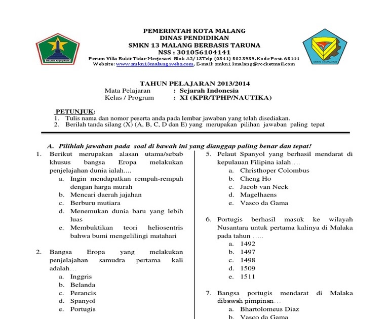 Kumpulan Soal Dan Kunci Jawaban Sejarah Indonesia Kelas Xii Smk