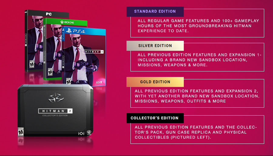 Standard edition - all regular game features and 100+gameplay hours of the most groundbreaking hitman experience to date. | Silver edition - all previous edition features and expansion 1- including a brand new sandbox location, missions,
 weapons and more. | Gold edition - all previous edition features and expansion 2, with yet another brand new sandbox location, missions, weapons, outfits and more | Collector's edition - all previous edition features and the collector's pack, gun case replica and physical collectibles (pictured left).