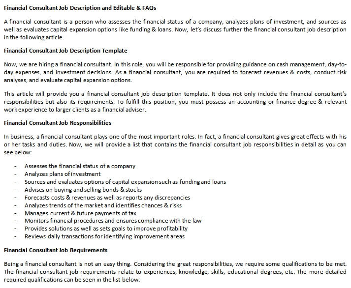 Our company is looking for a financial planner to join our team. Financial Consultant Job Description And Editable Faqs Room Surf Com