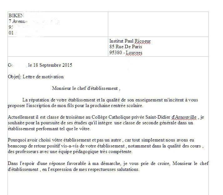 Lettre Exemples Lettre De Motivation Pour Inscription Lycee