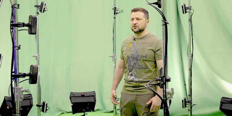 Ukraine boss Zelenskyy shown in front of a green screen in a studio.