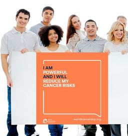 Group of people holding World Cancer Day poster