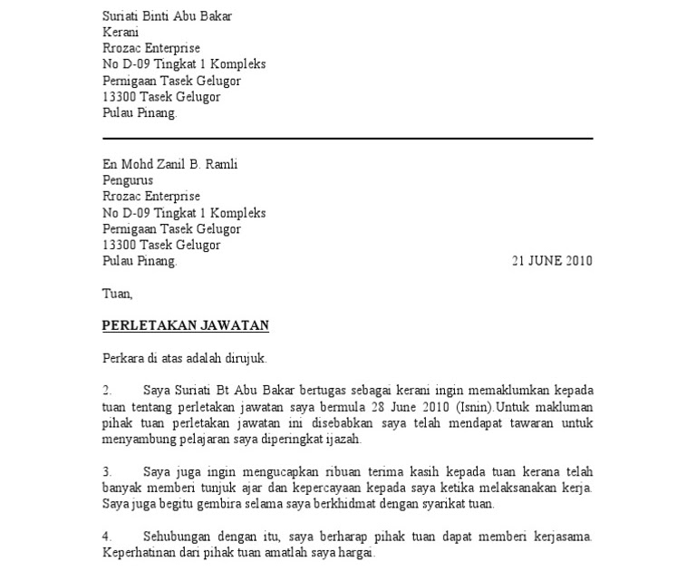 Surat Rasmi Notis Perletakan Jawatan - WRasmi