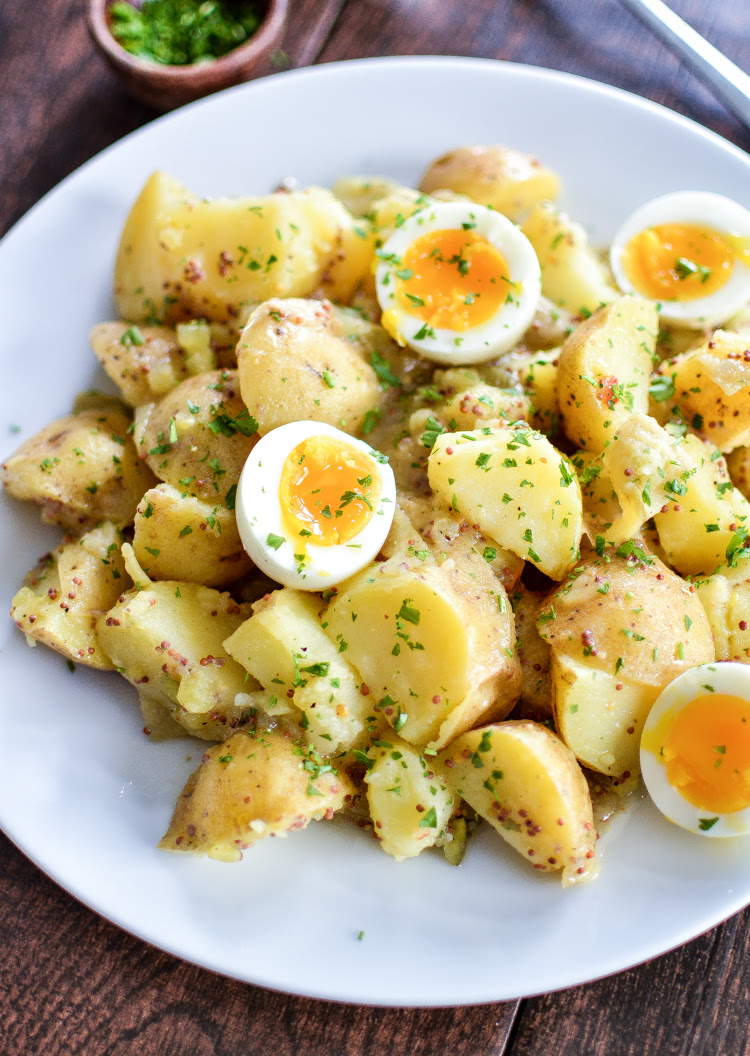 Potatoes, mayo, mustard, eggs, relish, and seasonings. Potato Salad With Soft Boiled Eggs And Maple Mustard Dressingcooking And Beer