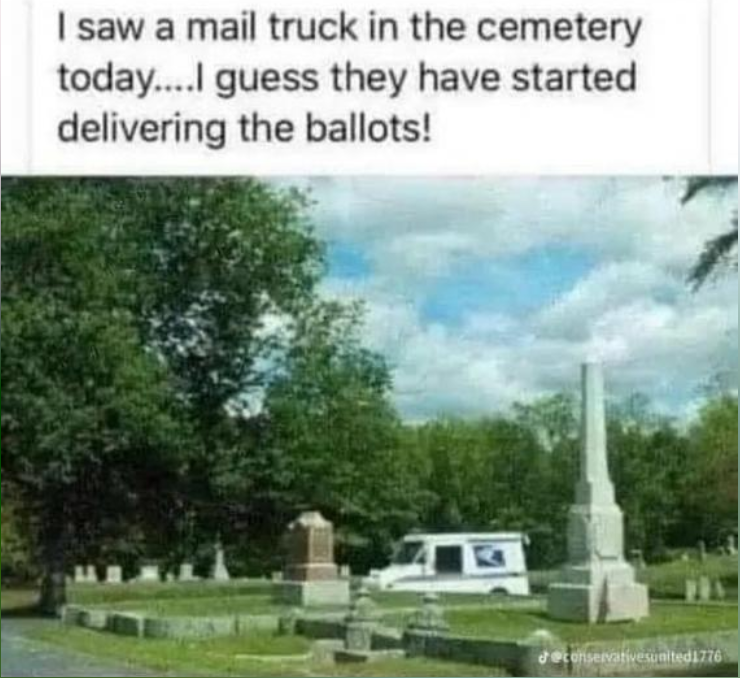 Meme indicating that election ballots are being delivered to the dead.