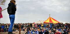 People gather and listen for speeches at the headquarters of the protesters during a demonstration called by the collective Bassines Non Merci against the basins near the construction site of a new water reserve for agricultural irrigation. In Sainte Soline on October 29, 2022.//AMEZUGO_0006167/Credit:UGO AMEZ/SIPA/2210292218/Credit:UGO AMEZ/SIPA/2210292227