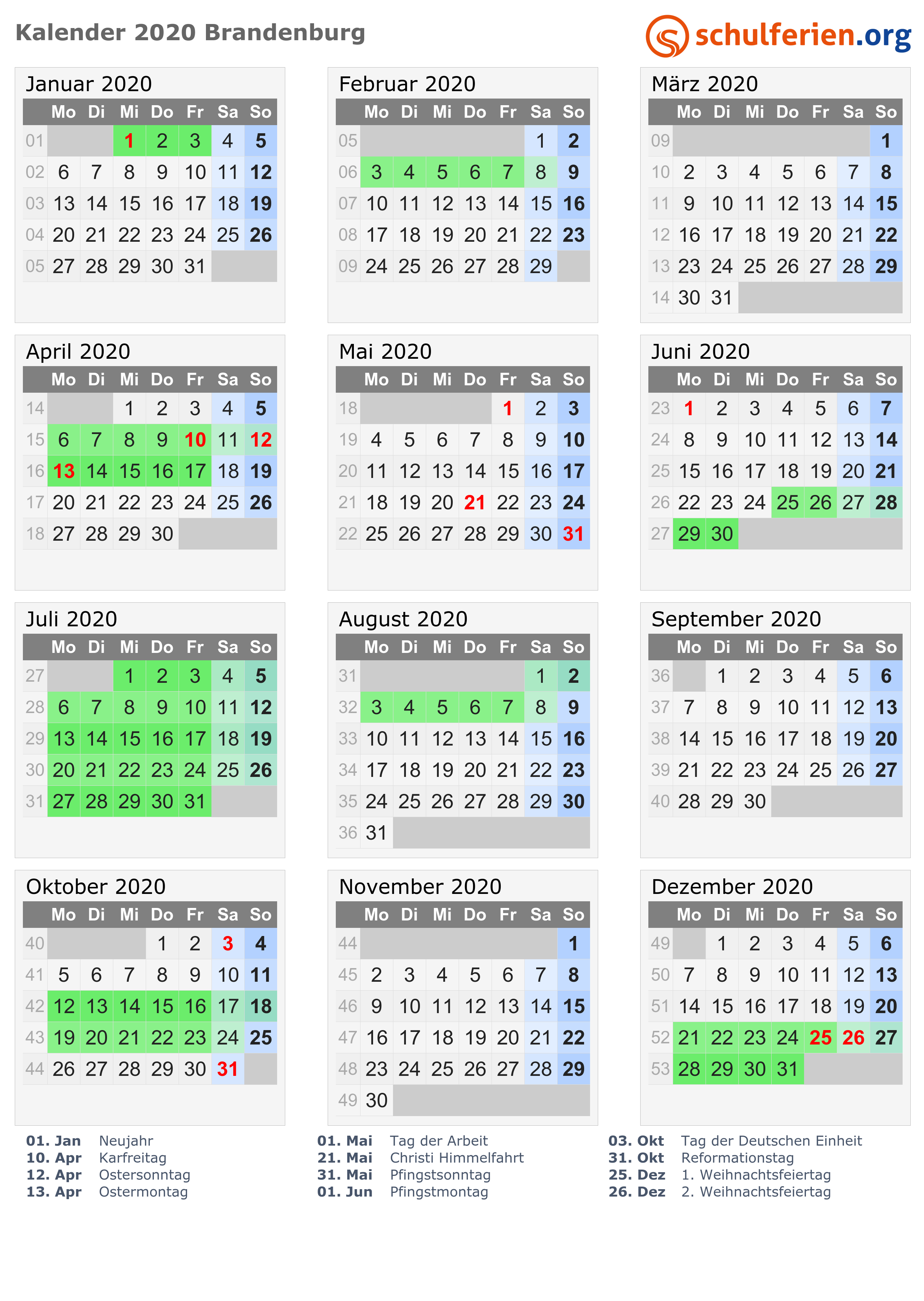 Halbjahreskalender 2021 zum ausdrucken mit ferien. Nachhilfe Fisch De Jahreskalender 2020 Mit Ferienzeiten Brandenburg